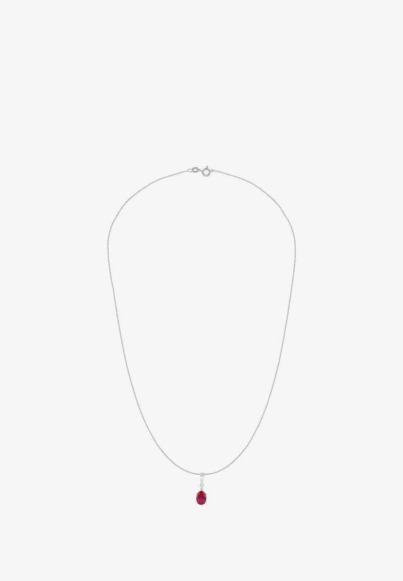 Strieborný náhrdelník s hladkým, tenkým dizajnom; v strede zdobený príveskom s červeným drahokamom v tvare kvapky.