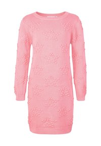 Růžové pletené šaty s dlouhým rukávem, kulatým výstřihem a texturovanými vzory hvězd po celém povrchu. Hribrový lem a manžety.