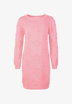 Robe pull en tricot rose avec un col rond, des manches longues et des motifs étoilés en relief sur l'ensemble. Manches et ourlet côtelés.