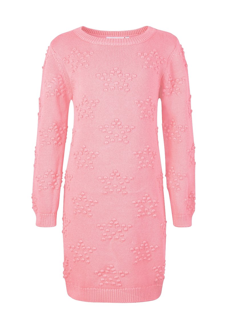 Růžové pletené šaty s dlouhým rukávem, kulatým výstřihem a texturovanými vzory hvězd po celém povrchu. Hribrový lem a manžety.