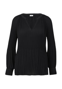 Blouse noire à manches longues avec plis verticaux, encolure en V et poignets ajustés sur les manches, présentée sur fond blanc.