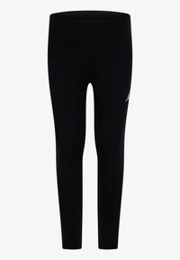 Zwarte legging met een gladde textuur, hoge tailleband en een klein wit logo aan de onderzijde. Strak aansluitend ontwerp voor gemakkelijke beweging.