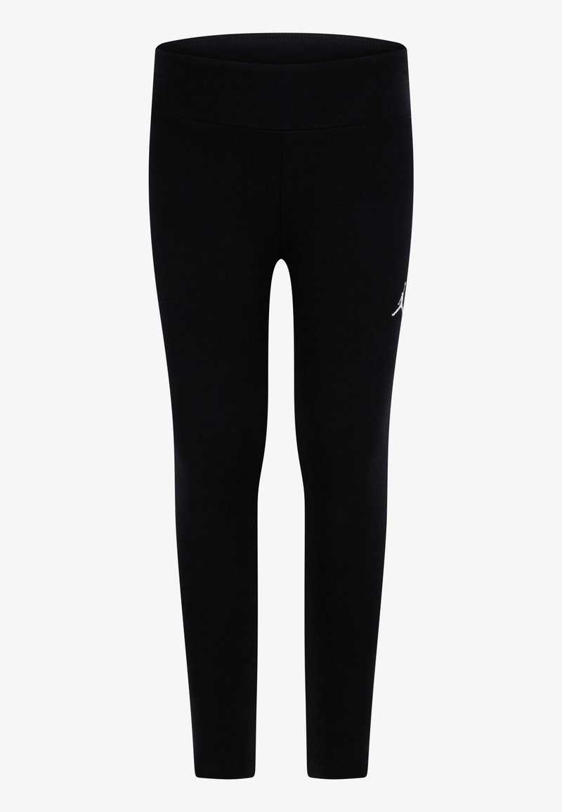 Zwarte legging met een gladde textuur, hoge tailleband en een klein wit logo aan de onderzijde. Strak aansluitend ontwerp voor gemakkelijke beweging.