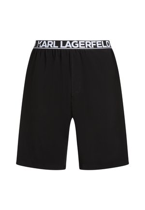 Crne kratke hlače s elastičnom strukom s bijelim natpisom "KARL LAGERFELD". Glatki materijal, ležeran kroj i standardna duljina.