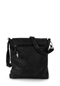 Schwarze Wildleder-Crossbody-Tasche mit verstellbarem Riemen, vorderer Reißverschlusstasche und silbernen Hardware-Details. Verfügt über sichtbare Nähte und eine weiche Textur.