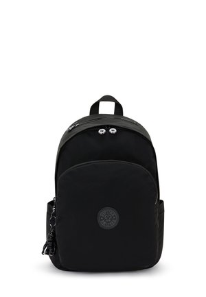 Black nylon backpack with a rounded shape, zippered main compartment, front pocket, and a round logo patch. Includes a decorative keychain.