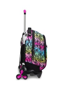 Zaino con rotelle dal design a gradiente colorato. Presenta una base nera, più scomparti con zip e dettagli in hardware rosa.