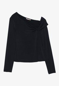Black long-sleeve top with an off-shoulder design, twisted detail at the shoulder, and smooth, slightly stretchy fabric.