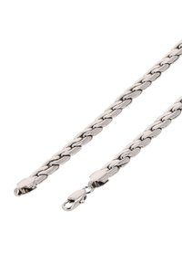 Ezüst színű fém lánc, összekapcsolt ovális szemekkel, sima felülettel, mindkét végén homár kapoccsal. Hossza körülbelül 50 cm.