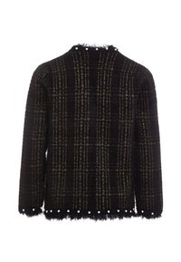 Zwart geruite jacket gemaakt van gestructureerde stof met gouden accenten. Heeft rafelige randen en decoratieve witte parels langs de zoom.