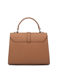 Borsa a mano in finta pelle marrone con design strutturato, manico superiore e chiusura a pattina. Presenta una superficie testurizzata e hardware minimalista.