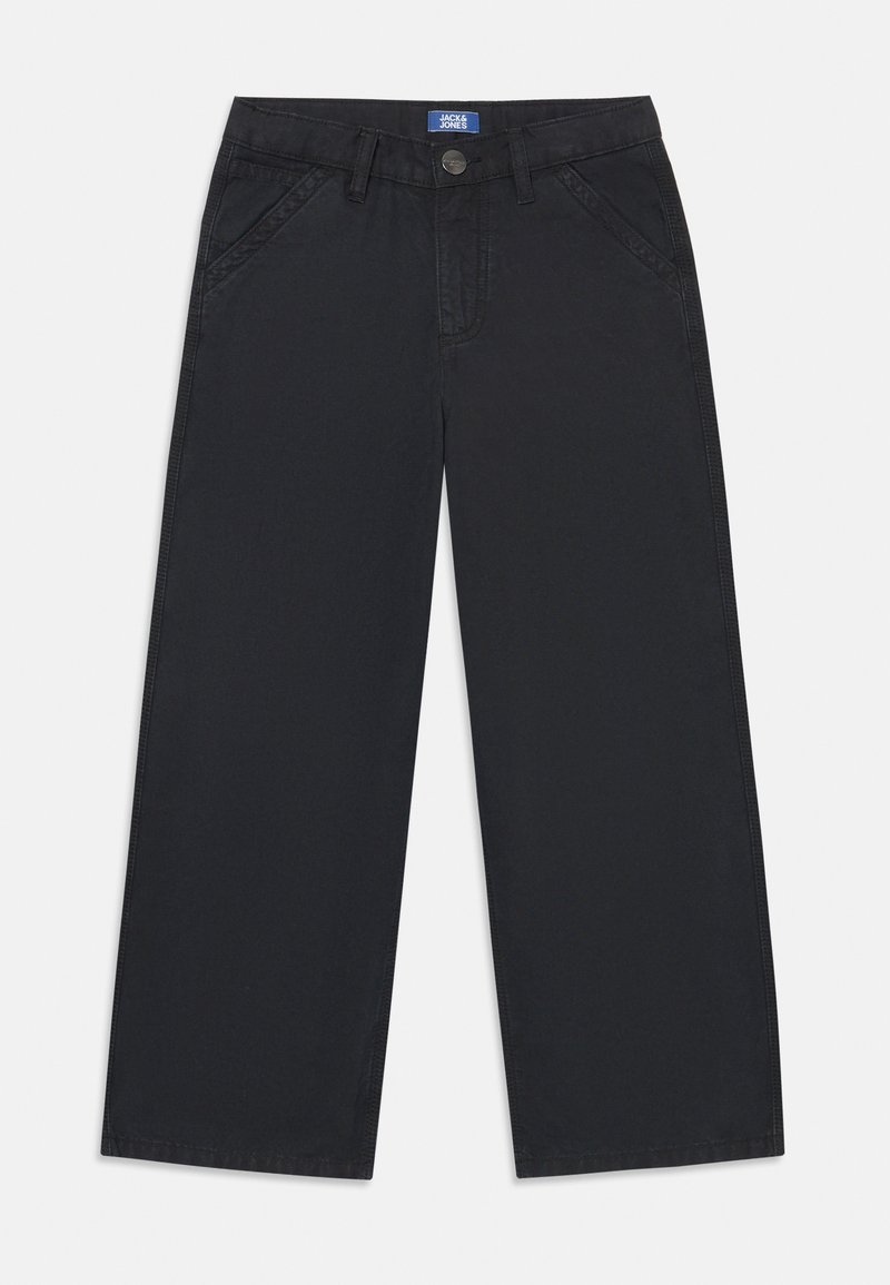 Crne hlače širokih nogavica izrađene od mješavine pamuka. Imaju prednje džepove, zakivanje na dugme i kontrastne šavove.