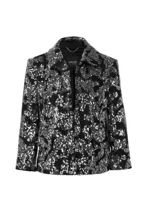 Black sequined jacket with a collar and open front. Features textured patterns of overlapping silver sequins. Structured design, long sleeves.