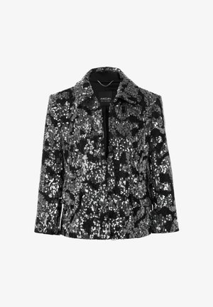 Black sequined jacket with a collar and open front. Features textured patterns of overlapping silver sequins. Structured design, long sleeves.