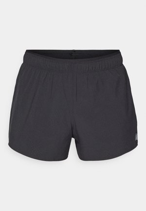 Black athletic shorts made of breathable fabric with an elastic waistband, featuring a subtle perforated texture and a small logo accent.