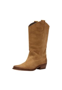 Brown suede cowboy boot with a pointed toe, mid-calf height, and two pull tabs. Features stitched detailing and a stacked wooden heel.