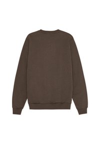 Felpa in cotone marrone con collo rotondo, maniche lunghe, polsini e vita a coste. Texture liscia senza pattern visibili.