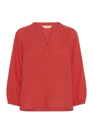 Red linen blouse with a V-neck and elbow-length sleeves. Features subtle pleating at the front and elasticized cuffs. Smooth texture.