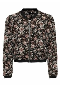 Veste bomber florale avec une base noire, ornée de fleurs roses et blanches. Comprend des poignets et un ourlet côtelés, ainsi qu'une fermeture éclair à l'avant.
