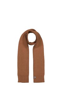 Scarf marrone lavorato a maglia con estremità a costine e una piccola patch del logo. Il tessuto è strutturato, offrendo calore e comfort nelle giornate fredde.