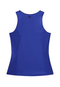 Blå träningslinne med rund halsringning, ärmlös design och texturerade sidopaneler. Har en liten svart logotyp på baksidan.