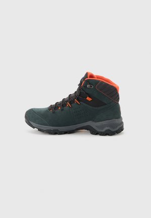 Dark green and black hiking boot with orange interior lining, black laces, textured sole, and high ankle support on a white background.