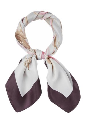 Foulard di seta con motivi floreali beige e rosa annodato, con ampi bordi viola scuro e bianchi.
