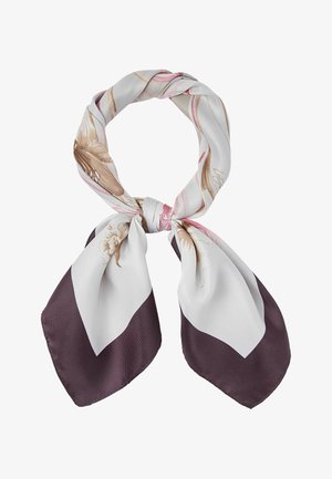 Seidenschal mit floralen Mustern in Beige und Pink, zu einem Knoten gebunden, mit breiten dunkelvioletten und weißen Randkanten.