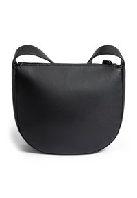 Black vegan leather crossbody bag with a smooth texture, rounded shape, and a top zipper closure. Features short, flat shoulder straps.