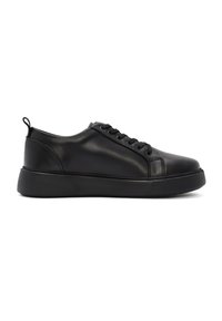 Black leather sneakers with a rounded toe, smooth texture, lace-up front, and a rubber sole featuring a textured grip pattern.
