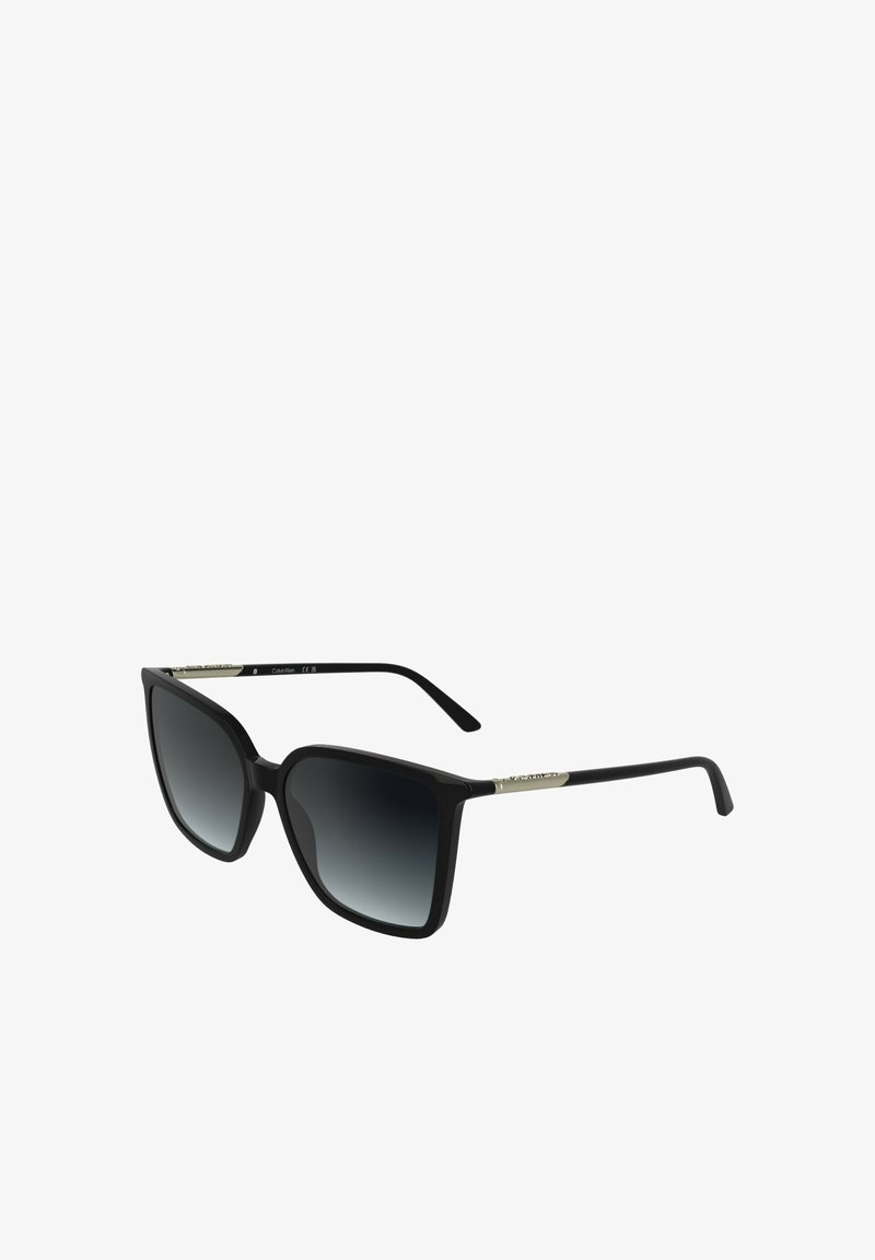 Lunettes de soleil noires oversize avec des verres dégradés foncés, forme rectangulaire, monture en plastique et accent métallique sur la branche.