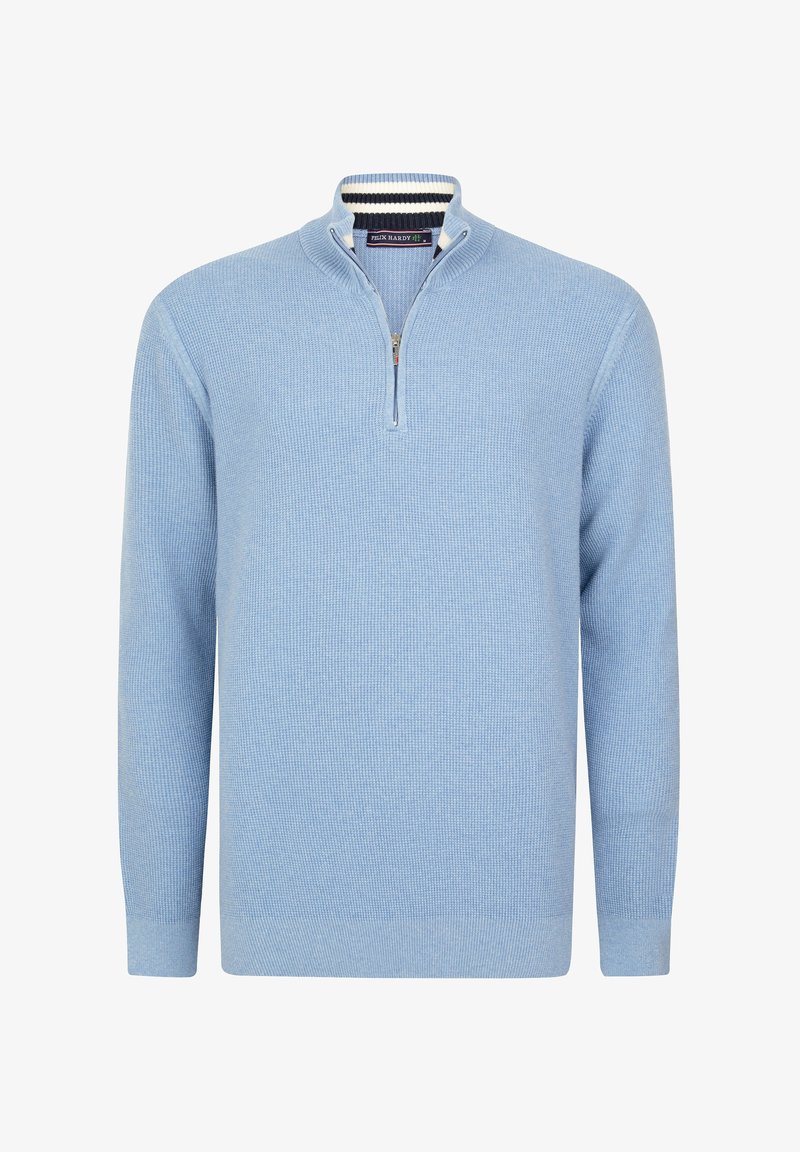 Pull tricoté bleu clair à manches longues avec une fermeture éclair quart de zip et un col côtelé avec des rayures bleu marine et blanches.