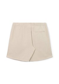 Pantaloni corti beige con una cintura elastica, caratterizzati da una singola tasca posteriore e una trama liscia. Design semplice e funzionale senza decorazioni.