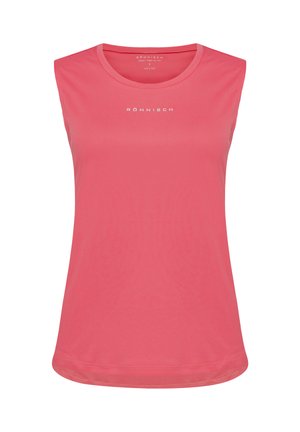 Top deportivo sin mangas en rosa brillante, hecho de tela suave. Cuenta con un escote redondeado y un logo impreso en blanco en el frente.