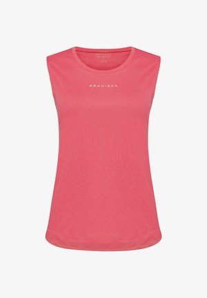 Top deportivo sin mangas en rosa brillante, hecho de tela suave. Cuenta con un escote redondeado y un logo impreso en blanco en el frente.