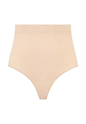 Mutande beige a vita alta realizzate in un tessuto morbido e elasticizzato, con un design senza cuciture e dettagli di cucitura minimi sui bordi.
