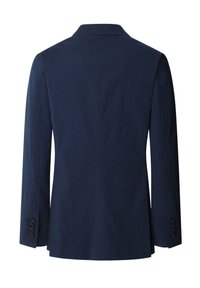 Navyblaues, strukturiertes Blazerjacke mit Reverskragen, langen Ärmeln und vier Knopfakzenten an jedem Ärmel, designed für eine maßgeschneiderte Passform.