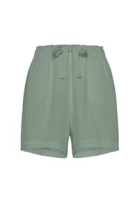 Hellgrüne Baumwollshorts mit elastischem Bund und vorderseitiger Kordel zum Binden, lockere Passform, legerer Stil.