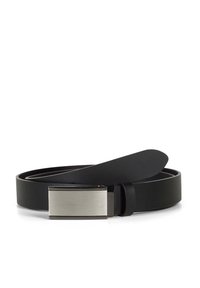 Svart lærbelte med en jevn tekstur, med en rektangulær sølvmetallspenne med børstet finish og et elegant design.