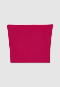 Top tubolare aderente in cotone rosa brillante, caratterizzato da una texture liscia e un design semplice e senza cuciture con un bordo superiore elasticizzato.