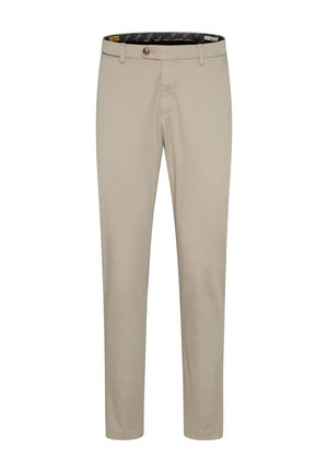 Beige Baumwollhose mit geradem Schnitt, Knopfverschluss und dezenten Fronttaschen. Glatte Textur und klares Design ohne Muster.