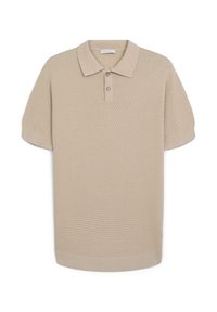Kurzarm-Polo in beigem strukturiertem Strick, mit einem gerippten Kragen, einer Knopfleiste mit drei Knöpfen sowie geripptem Saum und Bündchen.