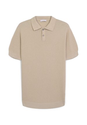 Kurzarm-Polo in beigem strukturiertem Strick, mit einem gerippten Kragen, einer Knopfleiste mit drei Knöpfen sowie geripptem Saum und Bündchen.