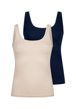 Zwei ärmellose, gerippte Tanktops, eines beige vorne und eines marineblau hinten, auf weißem Hintergrund dargestellt.