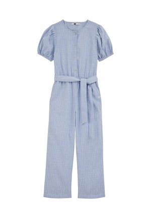 Lyseblå jumpsuit med hvide lodrette striber, pufærmer, knapper foran og matchende bælte til taljen.