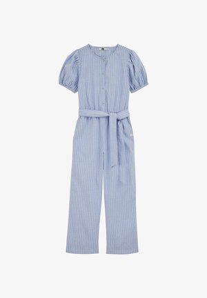 Svijetloplavi kombinezon s bijelim vertikalnim prugama, naboranim rukavima, gumbima sprijeda i remenom u istoj boji za vezanje u struku.