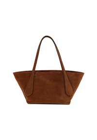 Braune Wildleder-Shopper-Tasche mit länglichen, zulaufenden Seiten und zwei schmalen Griffen. Verfügt über ein minimalistisches Design ohne sichtbare Beschläge.