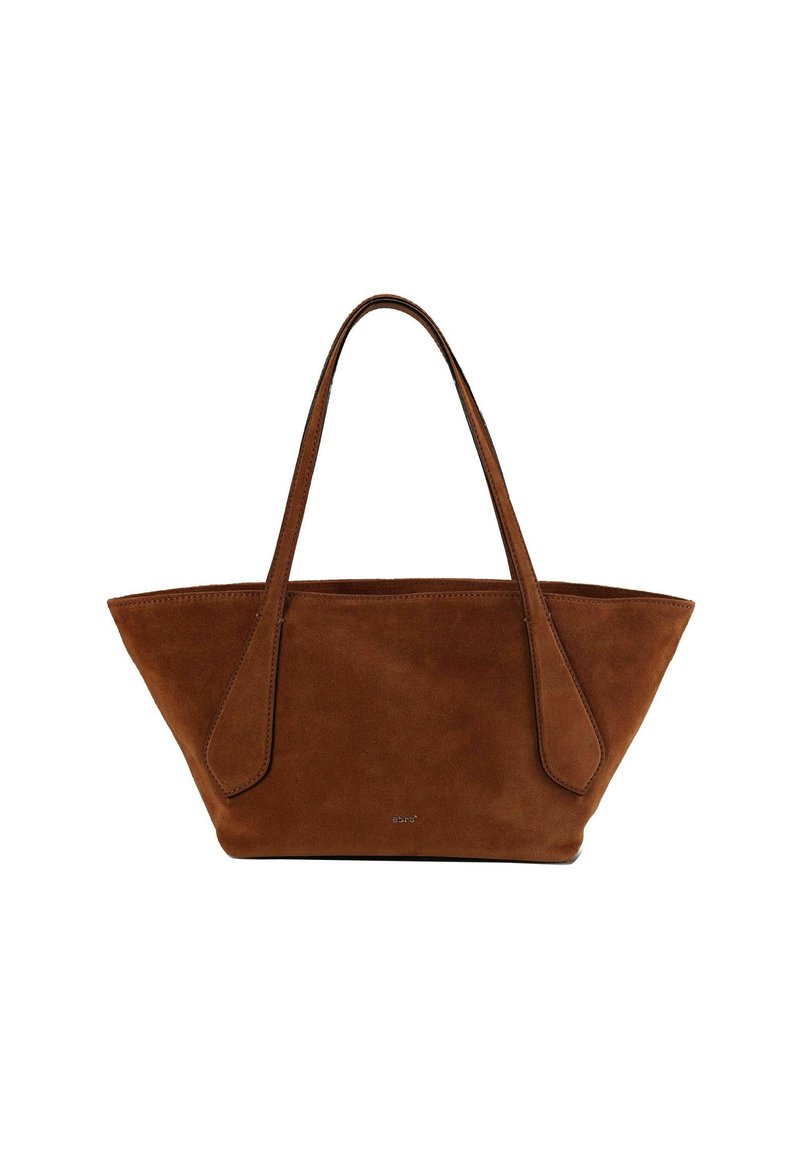 Braune Wildleder-Shopper-Tasche mit länglichen, zulaufenden Seiten und zwei schmalen Griffen. Verfügt über ein minimalistisches Design ohne sichtbare Beschläge.