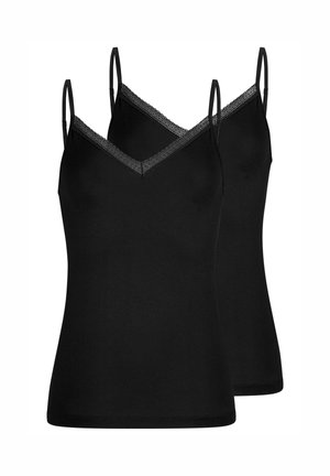 Zwei schwarze Camisoles mit dünnen Trägern und spitzenbesetzten V-Ausschnitten, dargestellt vor weißem Hintergrund.
