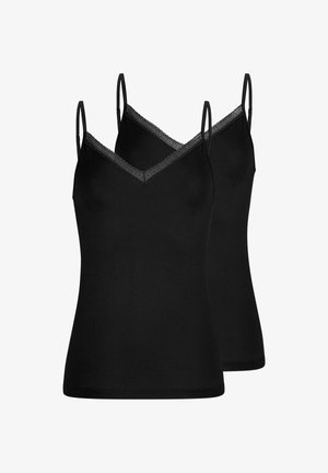 Zwei schwarze Camisoles mit dünnen Trägern und spitzenbesetzten V-Ausschnitten, dargestellt vor weißem Hintergrund.